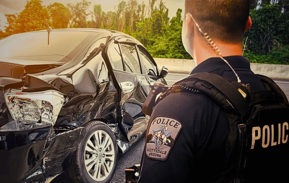 Car accident scene in Australia with police and an injured driver gathering evidence.